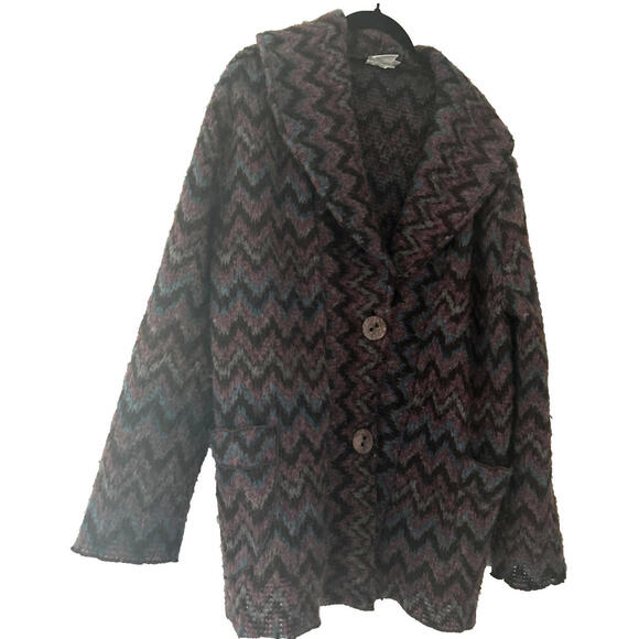 Focus Wool Blend Button Front Chevron Cardigan Sweater Collar - Sz L CottageCore - Picture 2 of 9